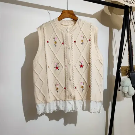 菱形格针织马甲开衫女秋冬新款韩系刺绣花边拼接无袖毛衣背心外套商品大图