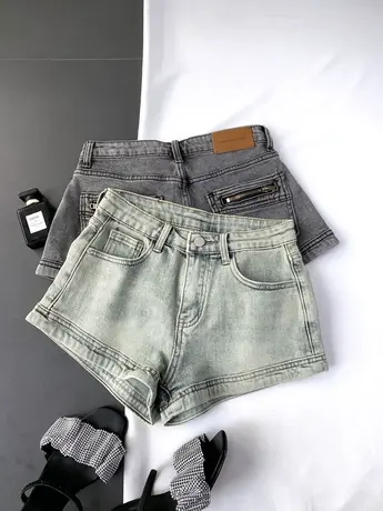 韩版水洗复古拉链牛仔短裤女2023夏季新款显瘦百搭高腰弹力辣妹裤商品大图