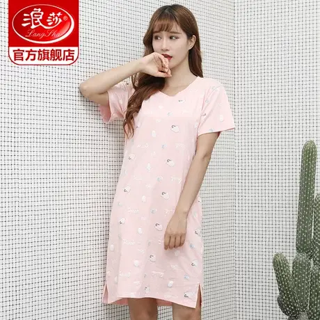 浪莎睡裙女夏季2023年新款宽松可爱纯棉短袖睡衣可外穿家居服套装商品大图