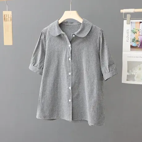 娃娃领短袖衬衫女装2023年夏季新款小清新细格子衬衣显瘦百搭上衣图片
