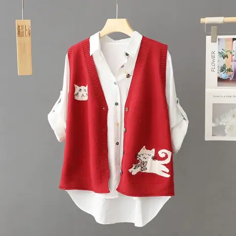 学院风v领刺绣针织开衫背心女宽松秋冬叠穿无袖毛衣马甲外搭坎肩图片