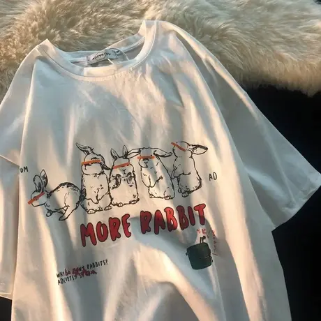 美式复古高街潮牌兔子纯棉短袖t恤女早春ins宽松街头风甜酷上衣服商品大图