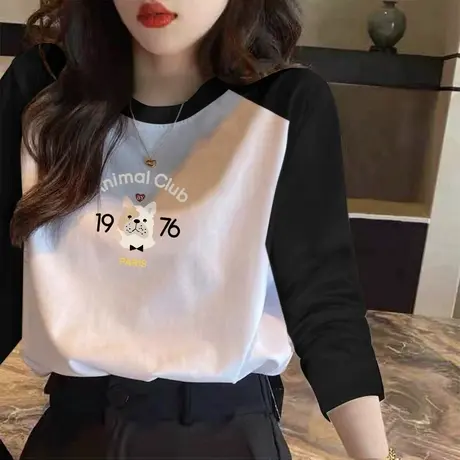 长袖t恤女春秋2023年新款内搭打底衫宽松百搭白色插肩袖上衣商品大图