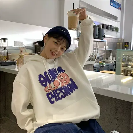 ins潮港风字母撞色趣味原创设计感宽松oversize连帽加绒厚卫衣女图片