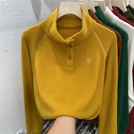 欧货立领纽扣刺绣明线拼接双面德绒上衣女2022秋冬新款保暖打底衫图片