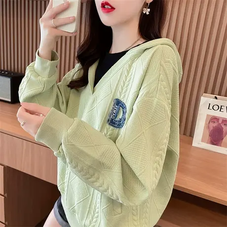 连帽卫衣女春秋季韩版宽松大码设计感小众薄款V领假两件上衣外套图片