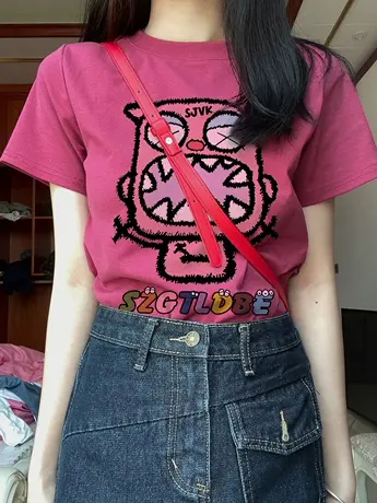 正肩纯棉短袖t恤女韩版宽松显瘦显白ins潮牌小众设计感春夏季上衣商品大图