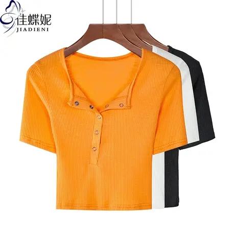 夏季新款圆领修身五分袖中袖T恤纽扣短款露肚脐打底衫纯白上衣图片