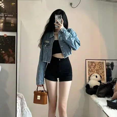美式复古牛仔短裤女夏季辣妹直筒高腰显瘦小个子包臀裤阔腿热裤子图片