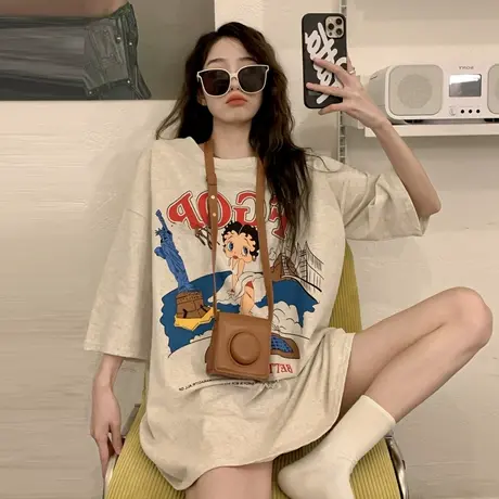 vintage美式复古t恤女大码纯棉短袖宽松显瘦ins小众设计感上衣潮商品大图