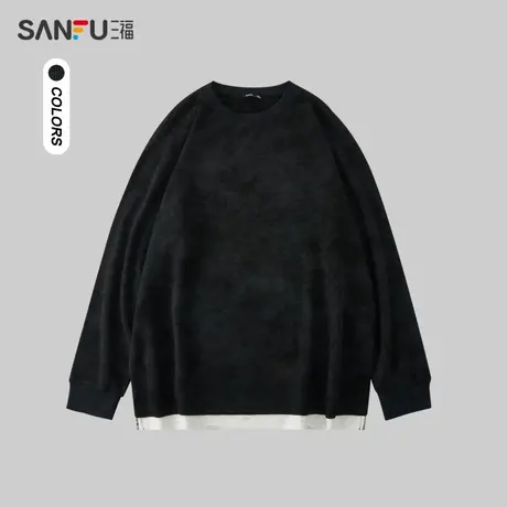 三福2023冬男士下摆破洞假两件重磅长T恤 宽松圆领上衣476190商品大图