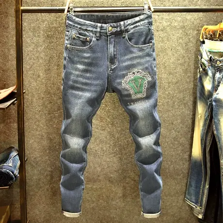 欧洲站高端大牌牛仔裤男修身百搭小脚裤潮牌设计师烫钻工艺裤子男商品大图