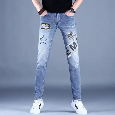 男士高端印花牛仔裤男潮牌修身小脚2023新款秋款男款韩版休闲裤子商品大图