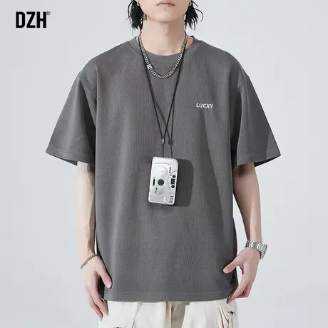 男生深灰色刺绣t恤男夏季短袖男款衣服2023新款夏装宽松半袖体恤商品大图