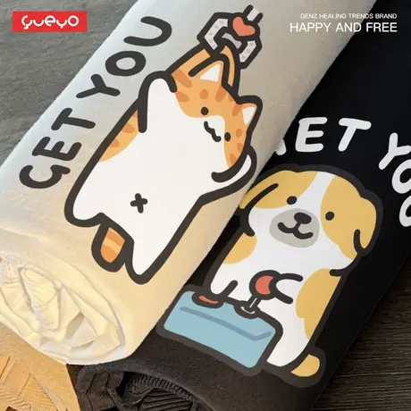 「七夕」悦游 抓娃娃猫狗 情侣装卡通趣味情侣短袖T恤原创纯棉商品大图