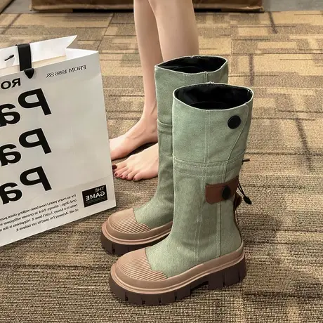 骑士靴女2023秋季爆款炸街辣妹瘦瘦靴显腿长英伦帅气复古圆头长靴商品大图