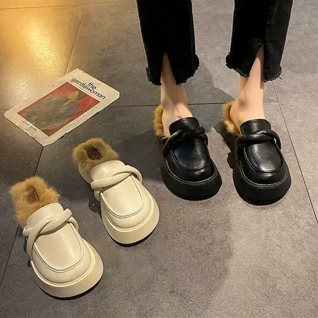 厚底包头毛毛拖鞋女外穿秋季新款网红无后跟软底半拖鞋兔毛绒棉拖图片
