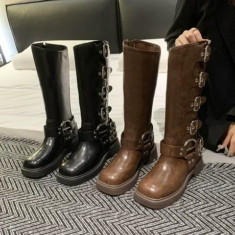 棕色马丁靴女2024新款女鞋复古女不过膝长筒靴牛仔西部靴子骑士靴图片