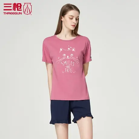 三枪休闲家居服套装女夏季纯棉水柔棉圆领短袖短裤套装睡衣81886商品大图