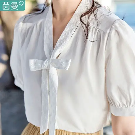 茵曼旗舰店官方天丝上衣设计感小众女衬衫衬衣2023年新款短袖白色图片