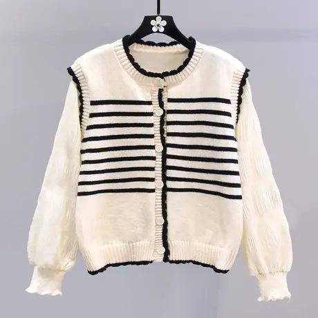 假两件条纹针织开衫女2023年春秋新款日系设计感小众长袖毛衣外套图片