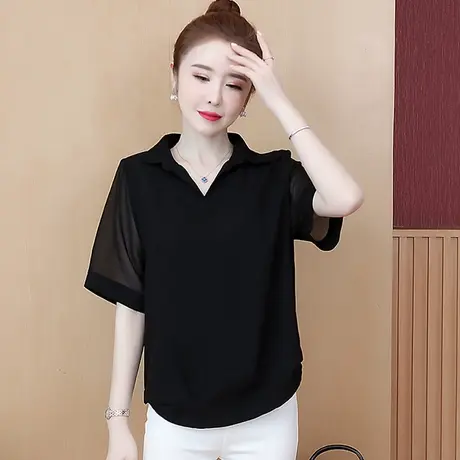 短袖雪纺衫女夏季2023新款减龄小衫洋气大码胖mm设计感上衣遮肚子商品大图