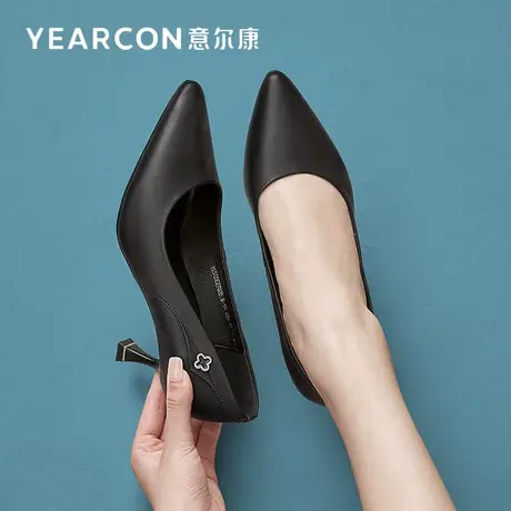 意尔康女鞋2023春季新款尖头羊皮单鞋女简约软底细跟真皮高跟鞋女商品大图
