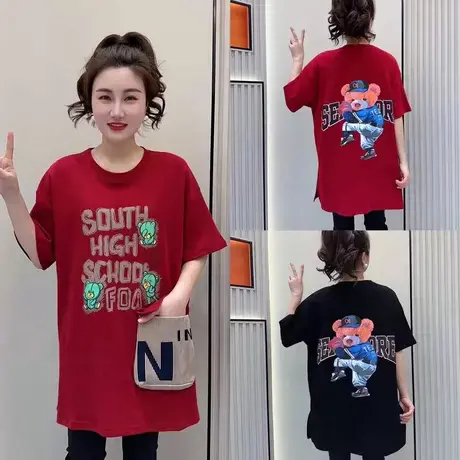 2023新款卡通开叉字母大口袋圆领夏季宽松大码女士印花短袖T恤女商品大图