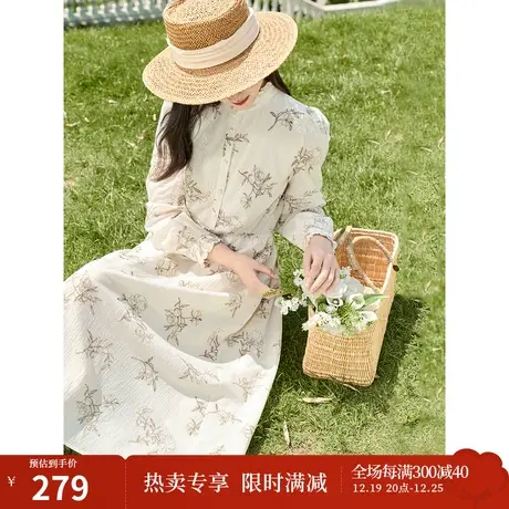 茵曼田园法式绣花连衣裙2023秋女装新款花边立领泡泡袖长袖长裙商品大图