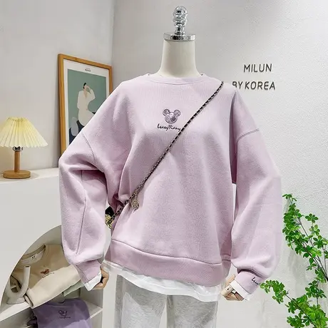 2022秋季新款ins简约刺绣亮片套头假两件卫衣荷叶边上衣甜美宽松商品大图