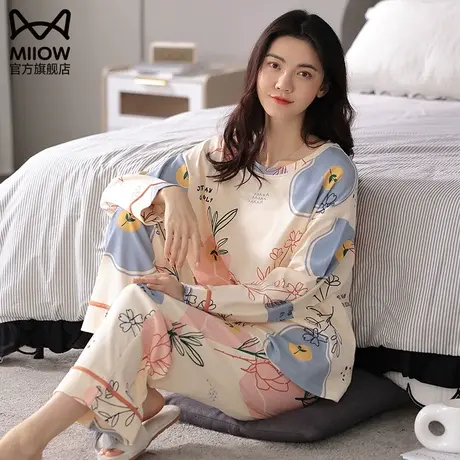 猫人经典睡衣女士甜美长袖纯棉套装春秋款圆领休闲可外穿家居服商品大图