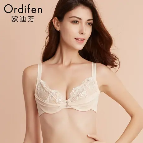 欧迪芬无衬薄款胸罩透明无海绵性感蕾丝内衣女收副乳文胸XB7308图片