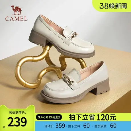 骆驼女鞋2024春季新款乐福鞋女真皮英伦风小皮鞋圆头百搭粗跟单鞋图片