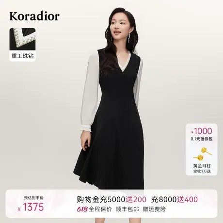 koradior珂莱蒂尔秋季气质优雅商务风V领拼接连衣裙女裙子图片