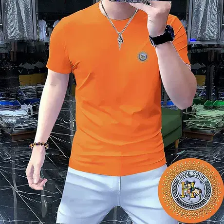 简欧男士短袖t恤丝光棉轻奢男装半袖上衣凹凸立体工艺字母潮橙色图片