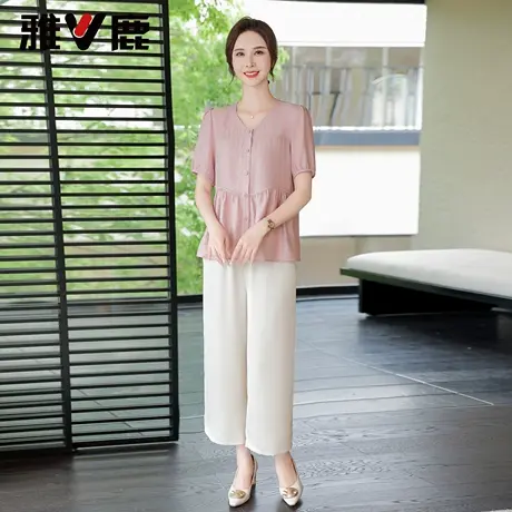 雅鹿中老年夏套装妈妈装2025夏季新款轻薄V领修身显瘦两件套上衣商品大图