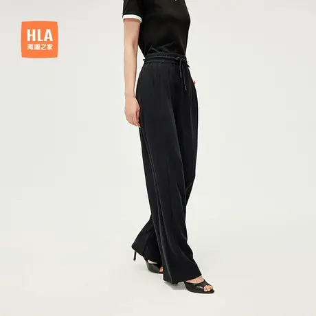 HLA/海澜之家弹力黑色休闲裤25春夏新款松紧腰系带显瘦直筒裤女装商品大图