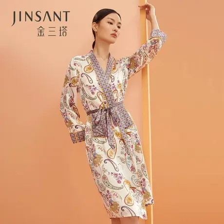 金三塔2021春夏新品 印花真丝睡袍100%桑蚕丝性感晨袍家居服睡衣商品大图