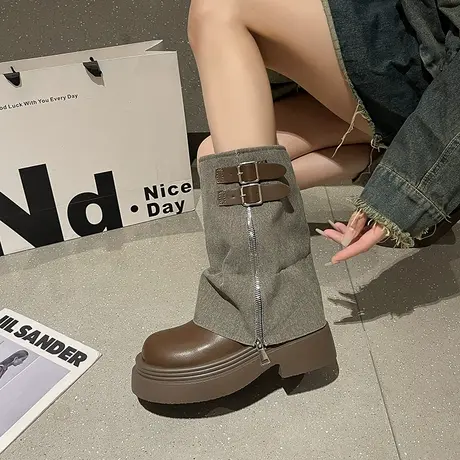 法式厚底增高靴子女2025年秋季新款百搭小个子短靴时尚气质马丁靴商品大图