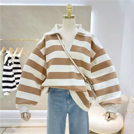 2022秋装新款百搭宽松慵懒大码半开小V领Polo长袖套头卫衣女外套图片