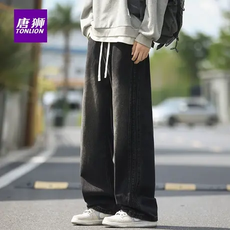唐狮牛仔裤男2025秋新款松紧腰宽松水洗复古休闲百搭直筒长裤子AX图片