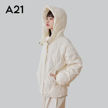 A21女装梭织宽松连帽长袖开胸中厚羽绒外套气质保暖羽绒服商品大图