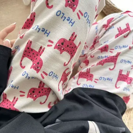 新品！字母猫咪全棉双层纱长裤女秋冬季保暖家居裤有口袋可外穿商品大图