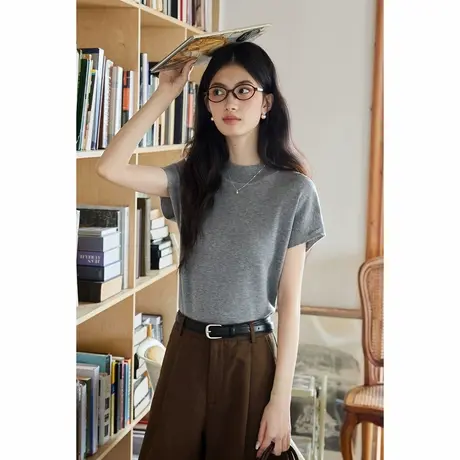 弥古法式灰色半高领短袖t恤女2025新款春秋黑色内搭打底针织上衣商品大图