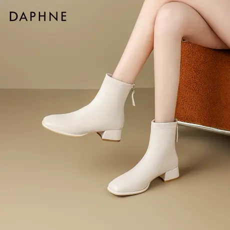 达芙妮白色女士靴子女短靴配裙子方头瘦瘦靴韩系切尔西靴女夏薄款图片