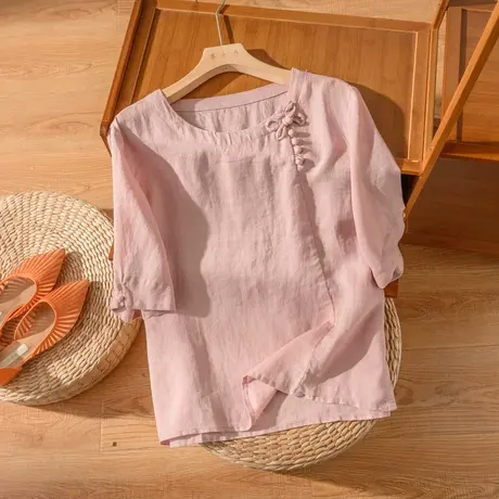 短袖亚麻上衣盘扣文艺复古棉麻T恤小衫百搭宽松国风2022春夏新款图片