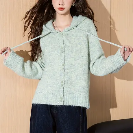 唐狮秋冬新型花纱设计纽扣连帽开衫女针织外套春秋高级感外套tu图片