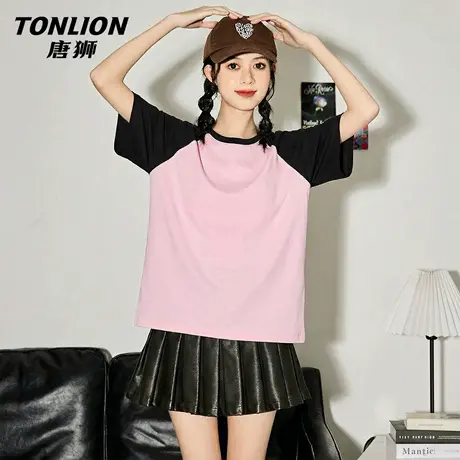 唐狮官方黑粉色插肩短袖t恤女2026新款夏季女士宽松显瘦上衣女VB商品大图