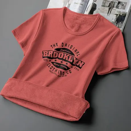 短袖t恤男装潮牌潮流印花保暖半袖加绒加厚圆领上衣服秋冬打底衫商品大图