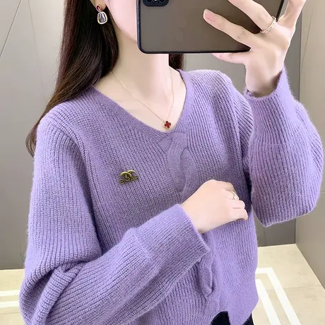 毛衣女秋冬2023新款小个子短款针织衫爆款慵懒风洋气时尚v领上衣图片